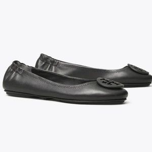 Tory Burch Minnie Travel Leather Ballet Flats with Logo Size 9.5 with Box & Bag